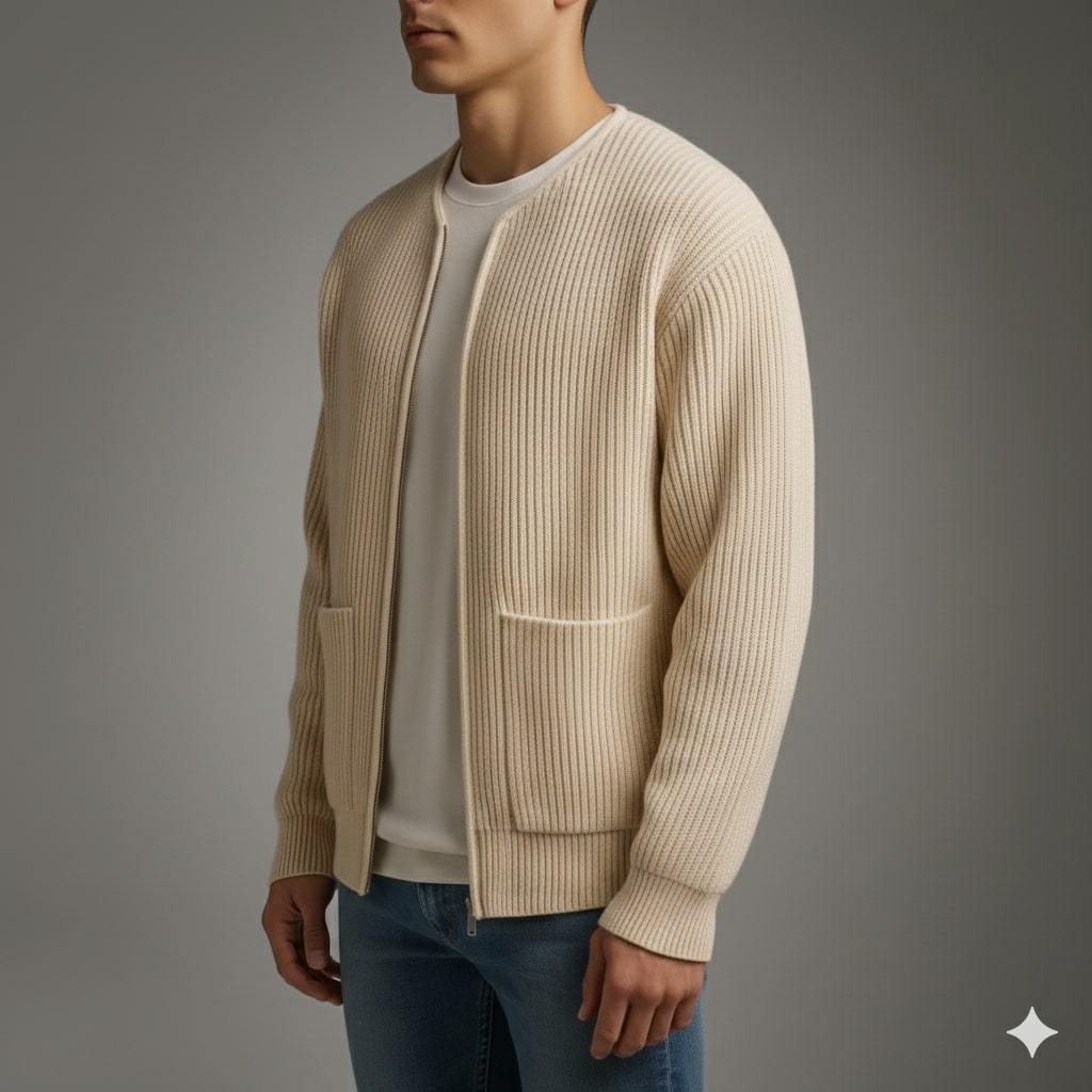 Zoren Men’s Knit Cardigan – Zip Up Sweater with Front Patch Pockets