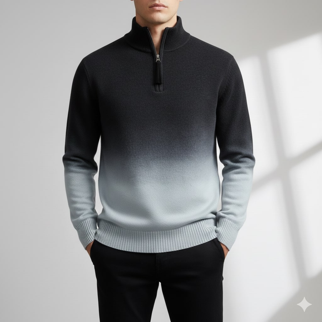 Akhie Men’s Wool Pullover – Gradient Ombre Quarter-Zip Sweater