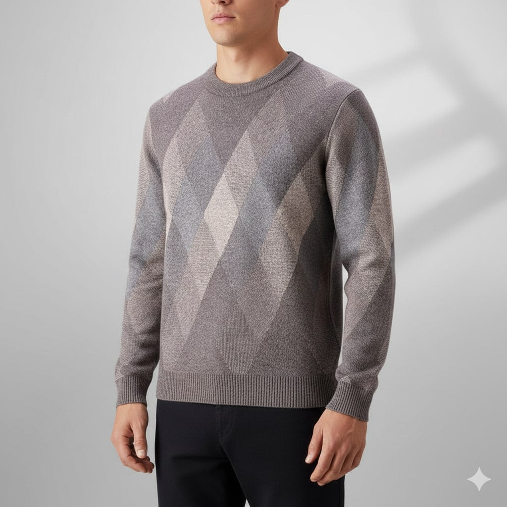 Esteban Men’s Knit Sweater – Wool-Blend Argyle Crewneck Jumper