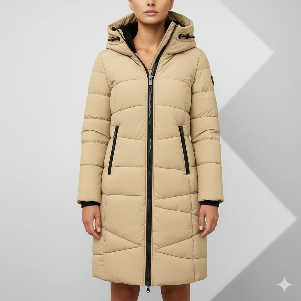 Elana Women’s Long Quilted Coat – Full-Length Warm Winter Jacket with Hood & Plush Lining