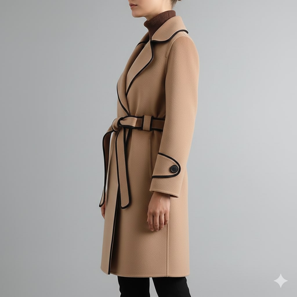 Sabrina Women’s Wool Coat – Belted Coat with Contrast Trim & Warm Interior