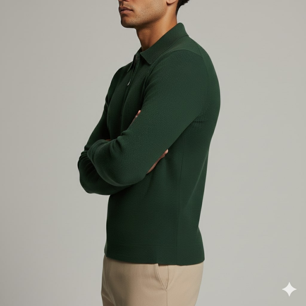 Roderick Men’s Knit Sweater – Waffle Texture Quarter-Zip Polo Shirt