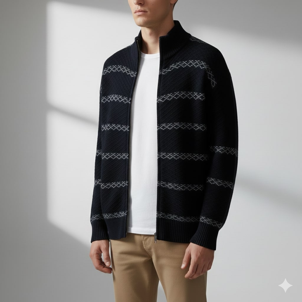 Craig Men’s Zip-Up Cardigan – Textured Knit Sweater with Stand Collar