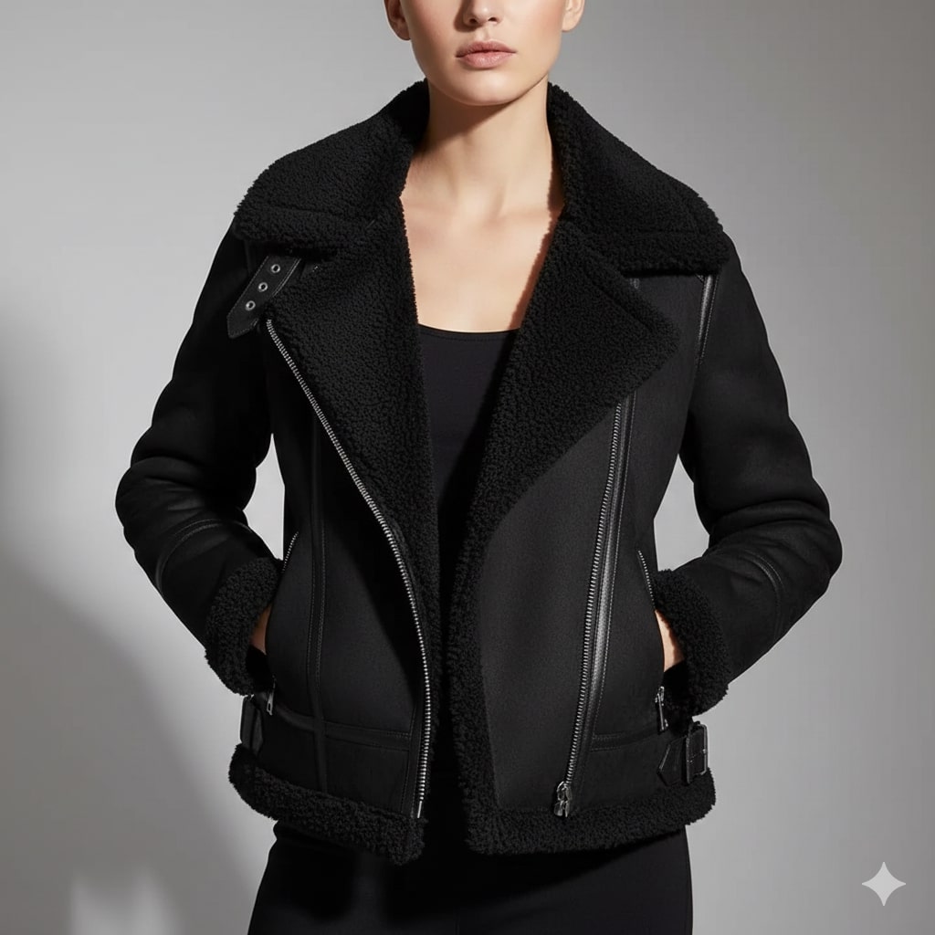 Aubrey Women’s Shearling Jacket – Aviator Suede Jacket with Plush Lining