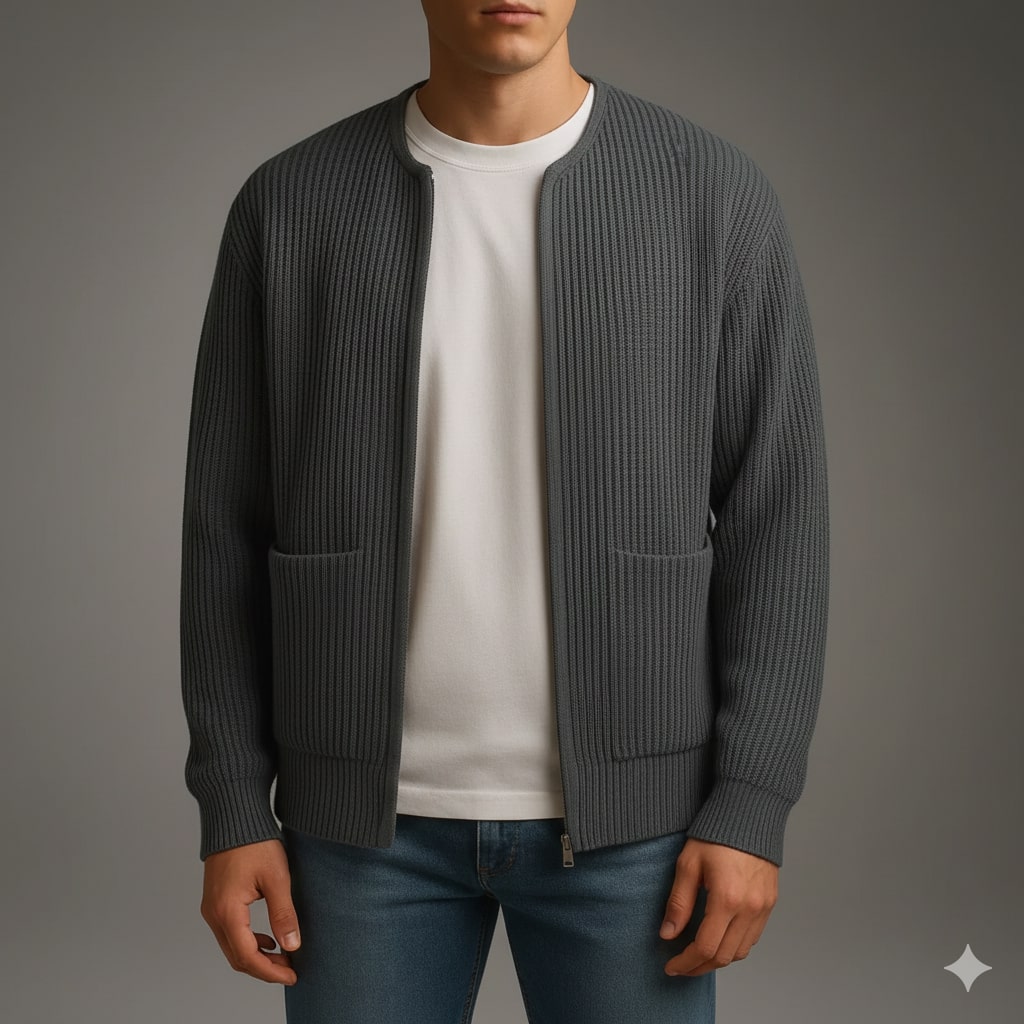 Zoren Men’s Knit Cardigan – Zip Up Sweater with Front Patch Pockets