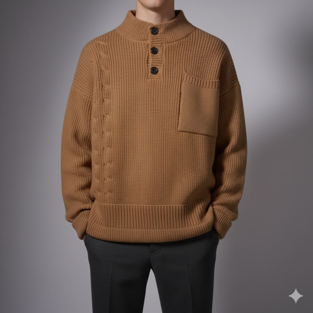 Julian Men’s Cable Knit Pullover – Soft O-Neck Sweater with Button Detail