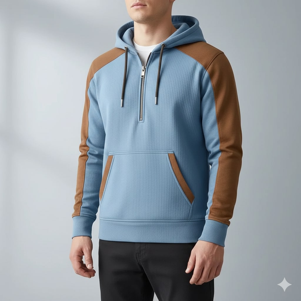 Colton Men’s Quarter-Zip Hoodie – Corduroy Cotton Blend Sweatshirt with Contrast Panels
