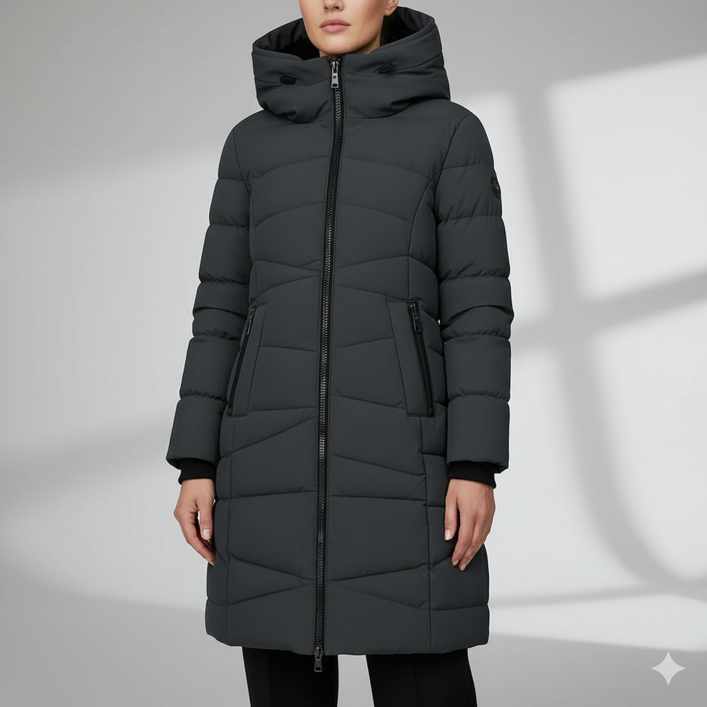Elana Women’s Long Quilted Coat – Full-Length Warm Winter Jacket with Hood & Plush Lining