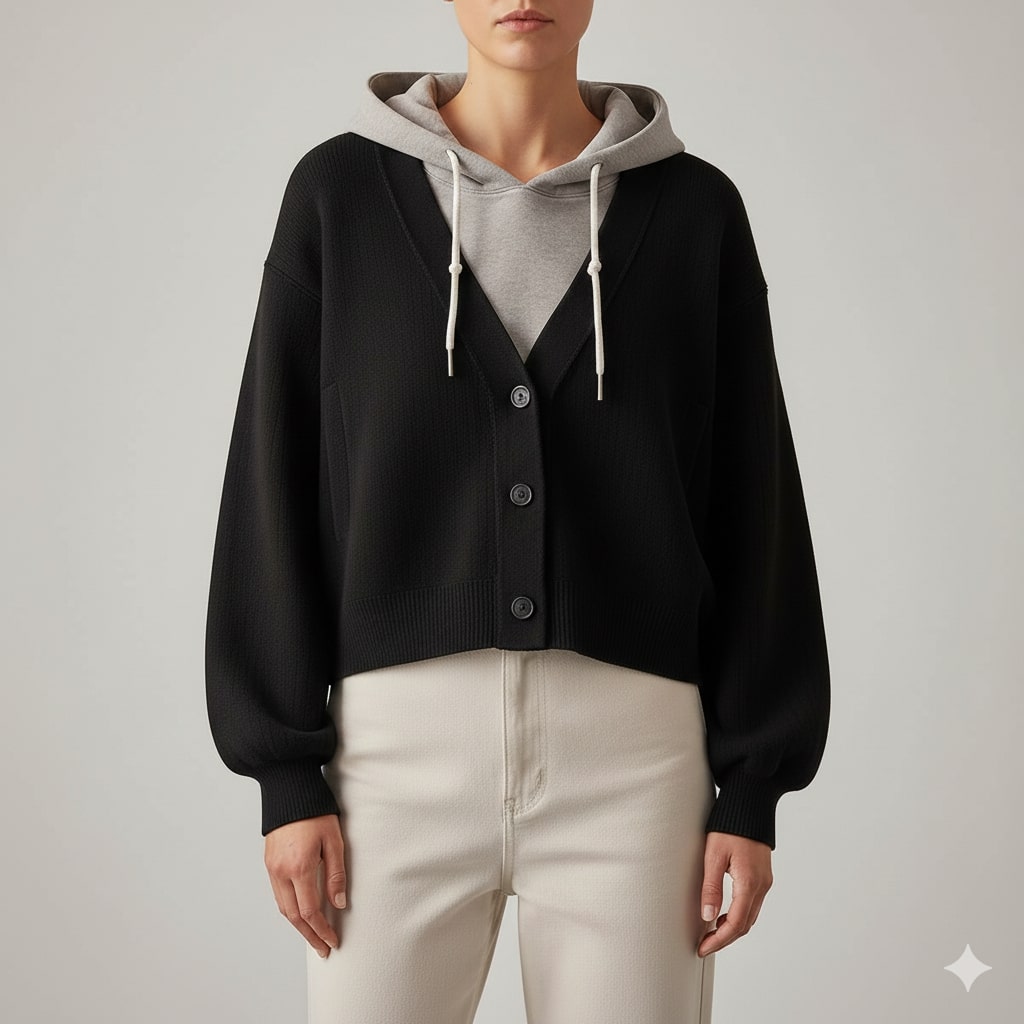 Marissa Women’s Cropped Cardigan – Puff Sleeve Zip-Up Knitted Hooded Cardigan