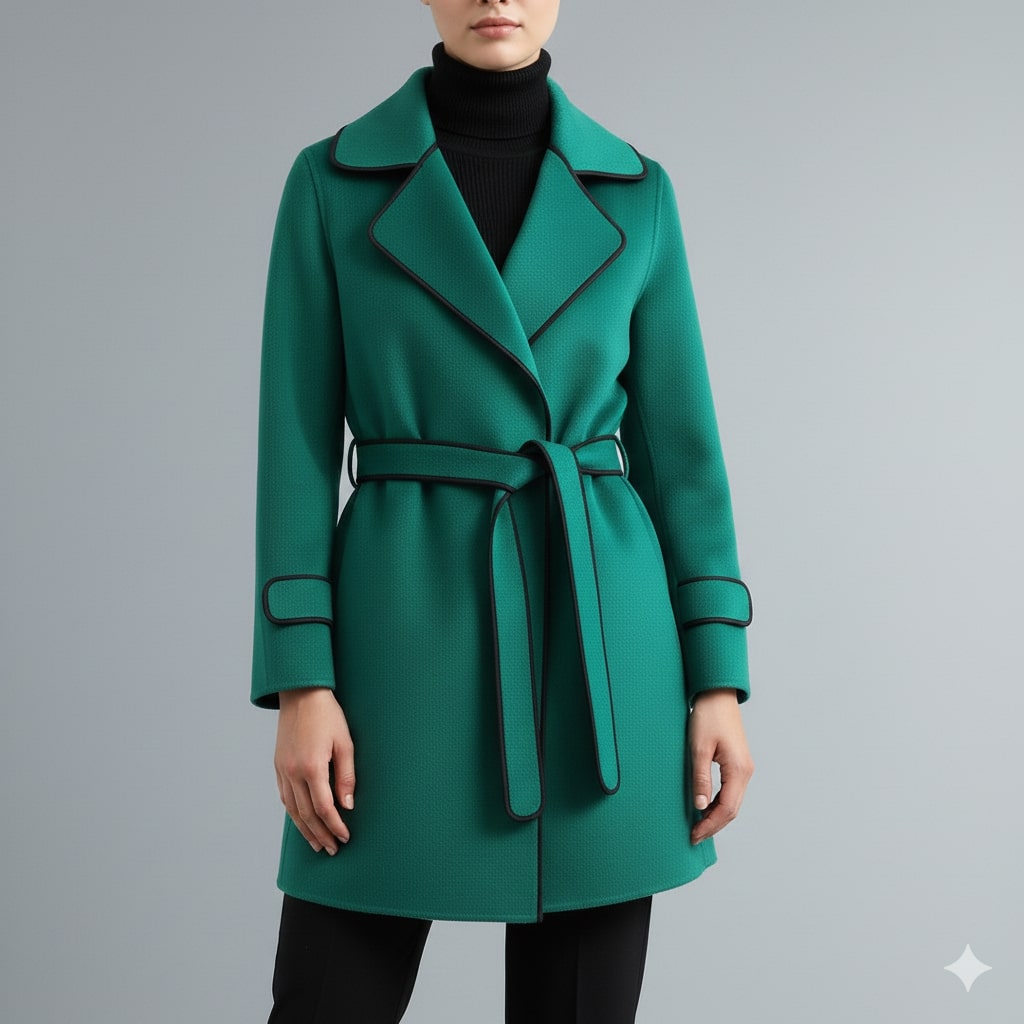 Sabrina Women’s Wool Coat – Belted Coat with Contrast Trim & Warm Interior