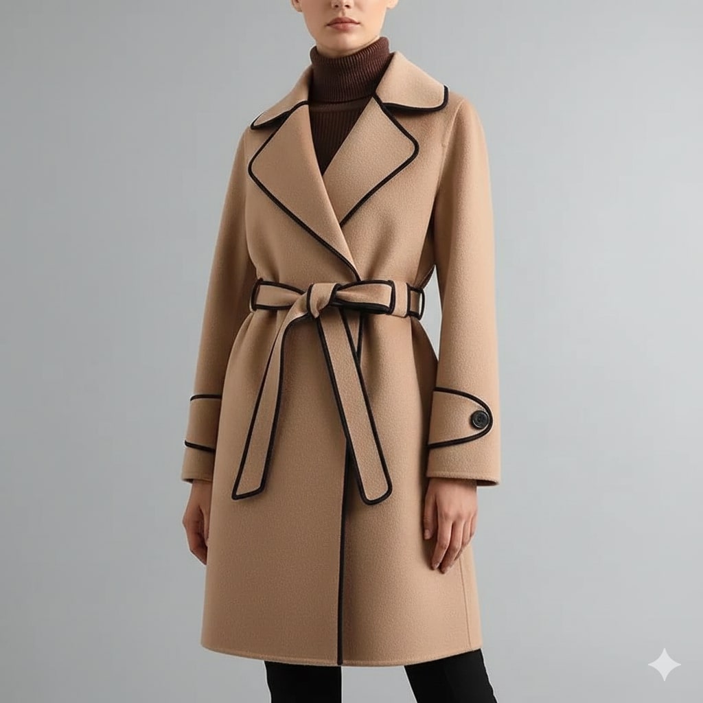 Sabrina Women’s Wool Coat – Belted Coat with Contrast Trim & Warm Interior