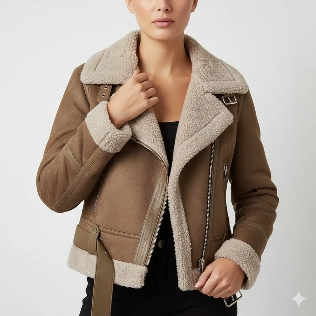 Aubrey Women’s Shearling Jacket – Aviator Suede Jacket with Plush Lining