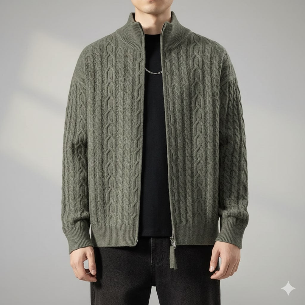 Domingo Men’s Zip-Up Cardigan – Cable Knit Mid-Weight Sweater