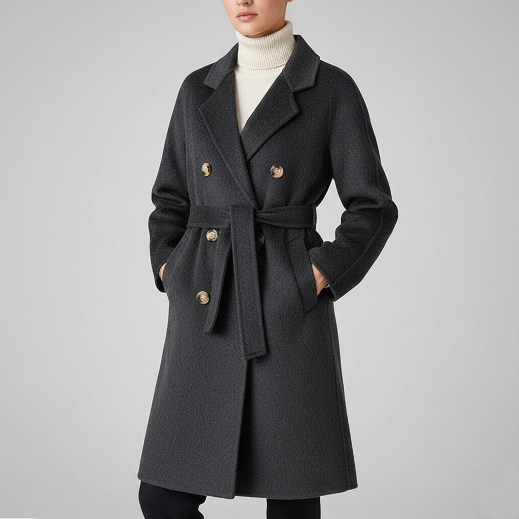 Theresa Women’s Cashmere Wrap Coat – Double-Breasted Wool Outerwear with Belted Waist