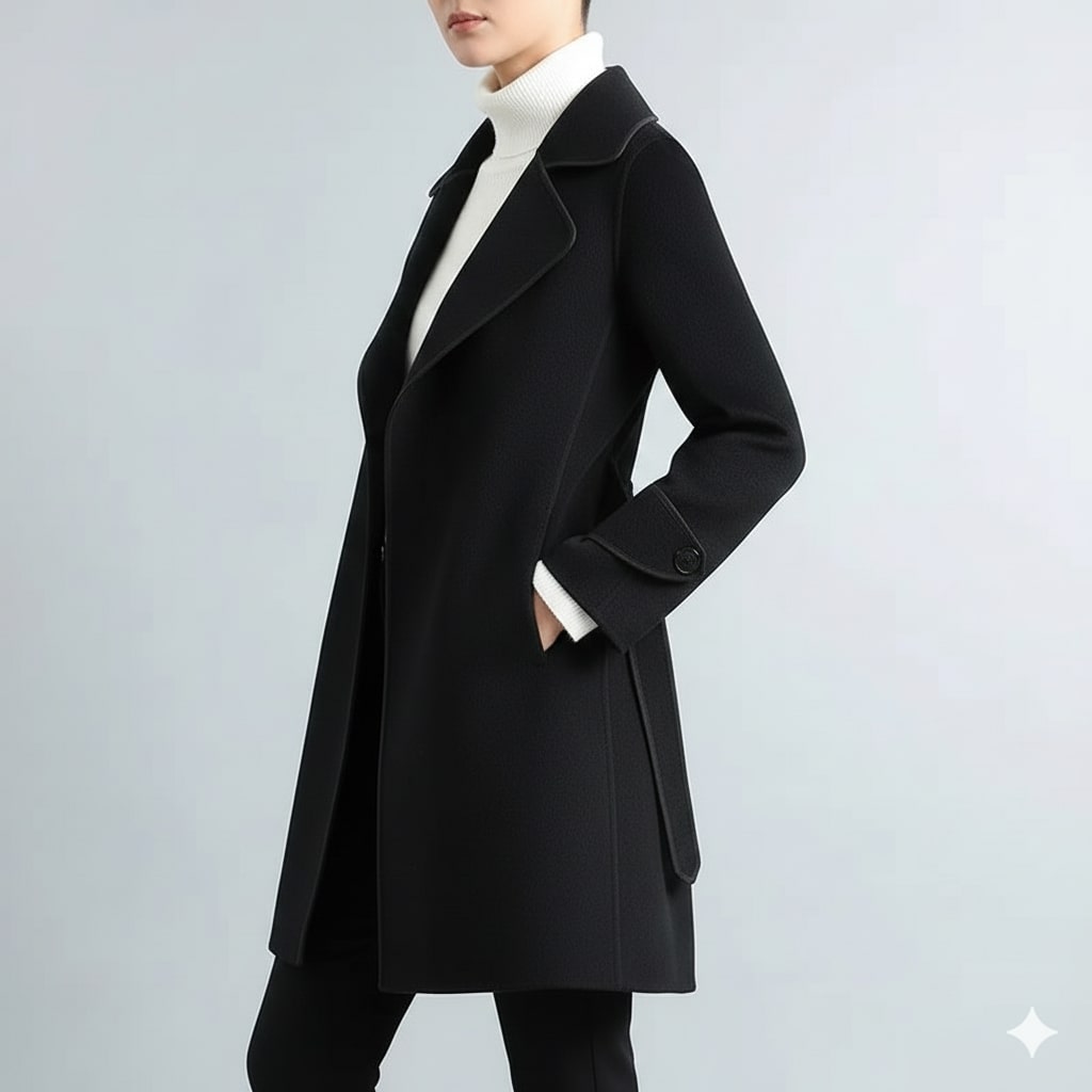 Sabrina Women’s Wool Coat – Belted Coat with Contrast Trim & Warm Interior
