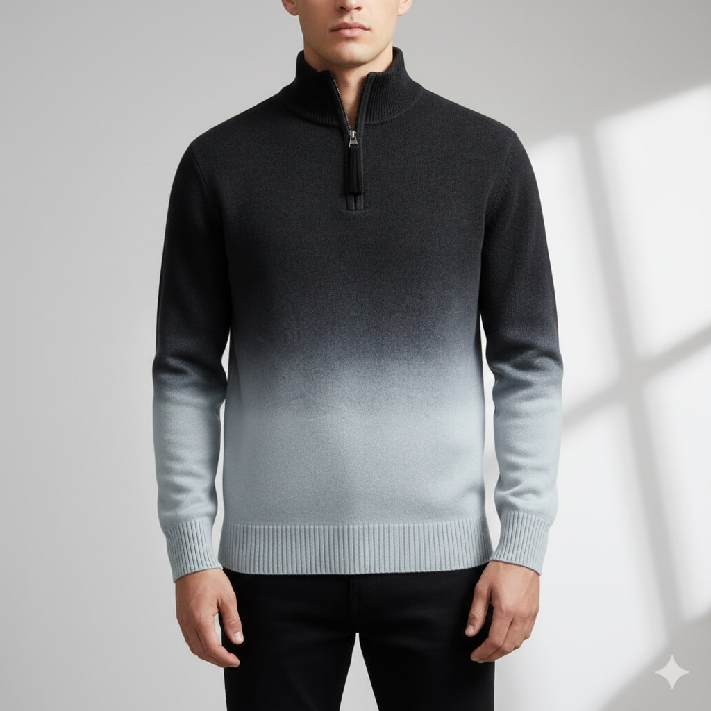 Akhie Men’s Wool Pullover – Gradient Ombre Quarter-Zip Sweater