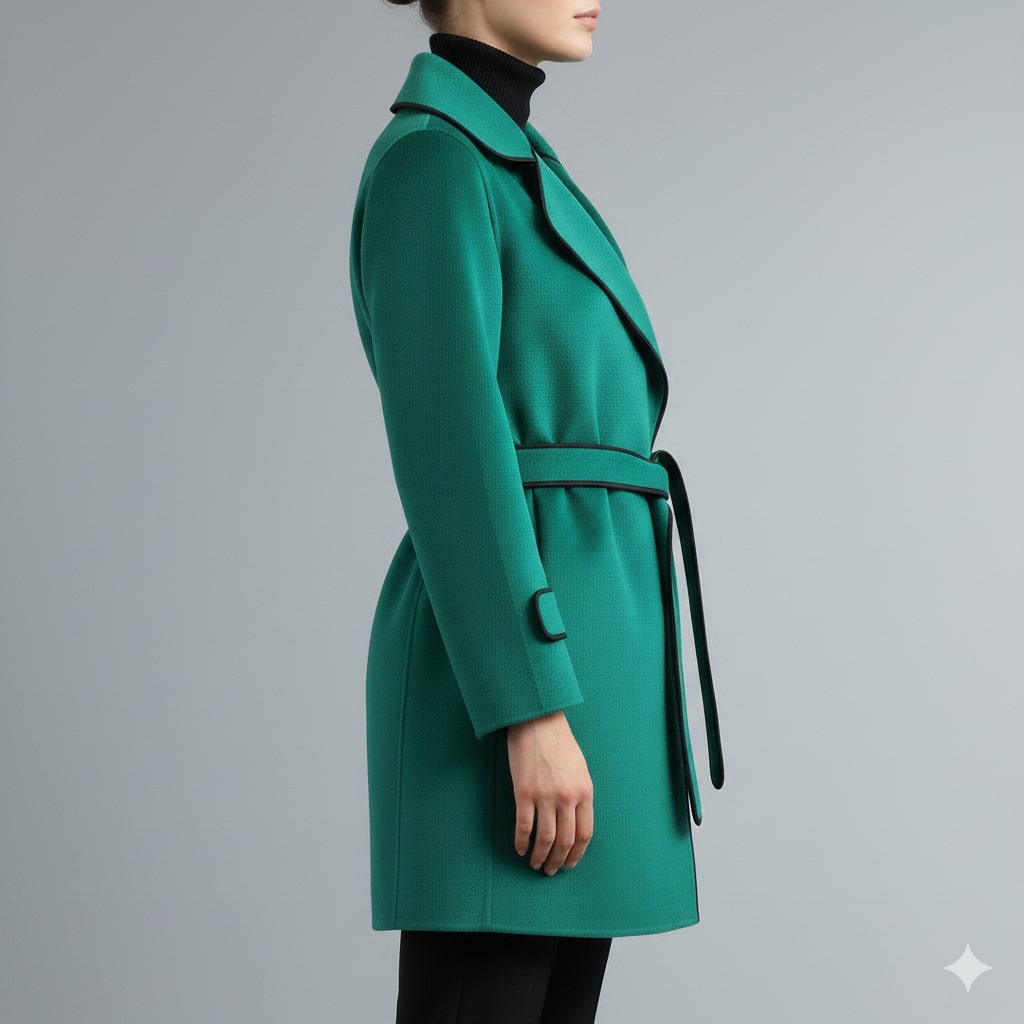 Sabrina Women’s Wool Coat – Belted Coat with Contrast Trim & Warm Interior