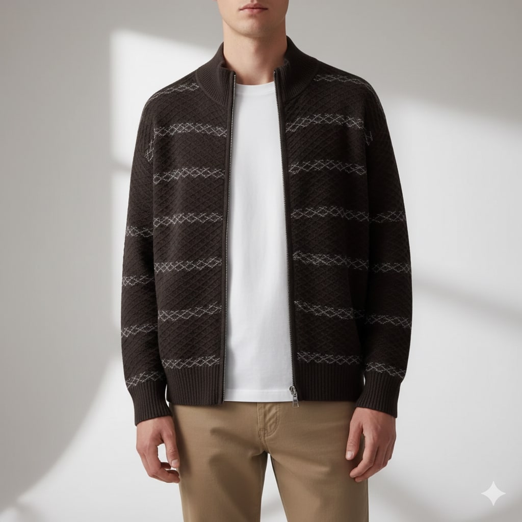 Craig Men’s Zip-Up Cardigan – Textured Knit Sweater with Stand Collar
