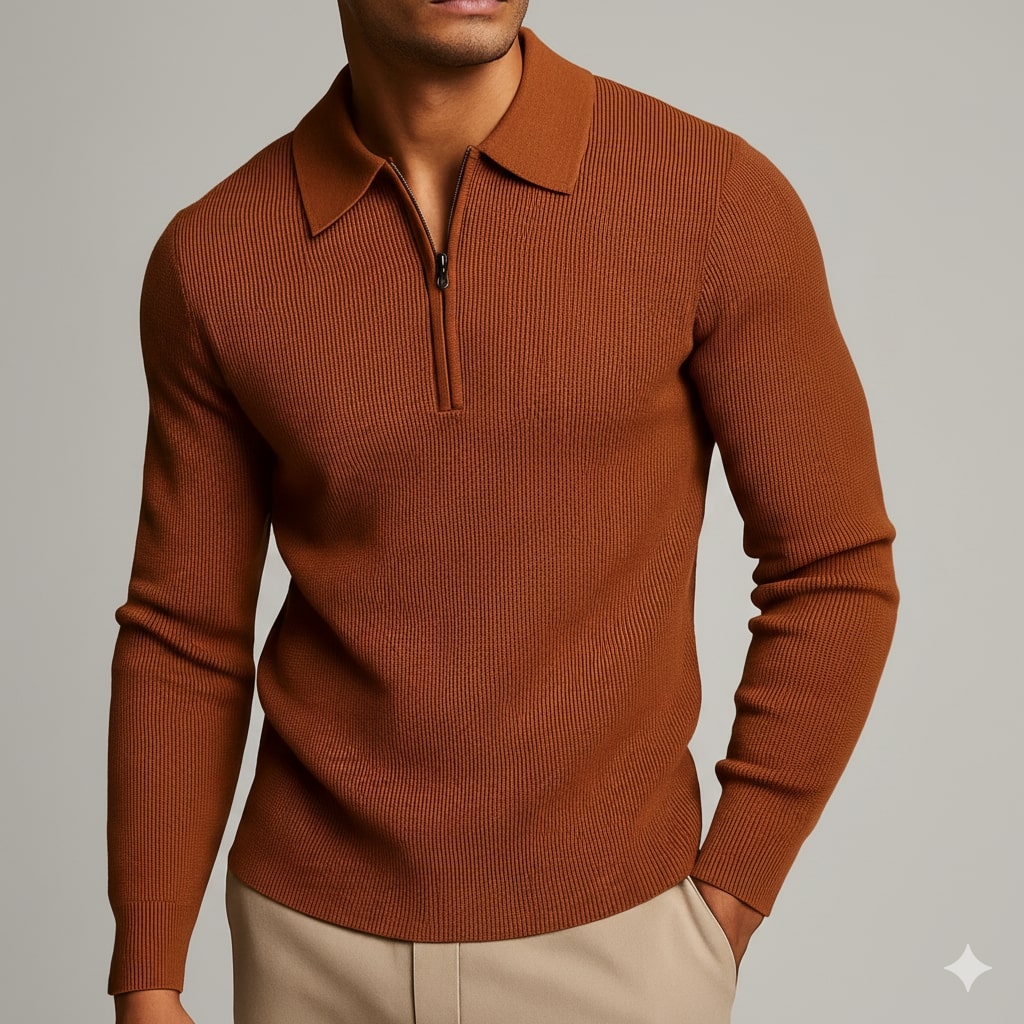 Roderick Men’s Knit Sweater – Waffle Texture Quarter-Zip Polo Shirt