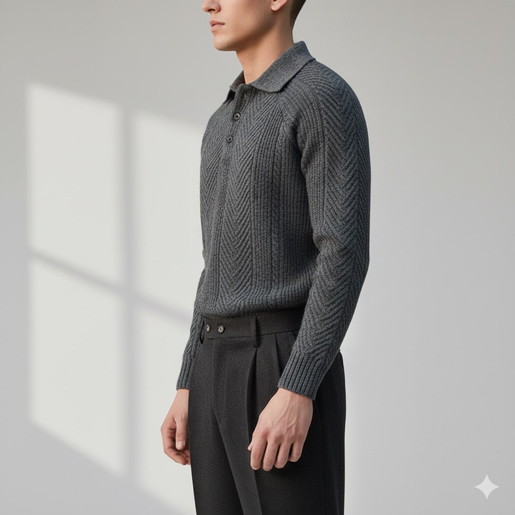 Darwin Men’s Knit Polo Sweater – Wool-Blend Cable Knit Pullover with Tailored Modern Fit