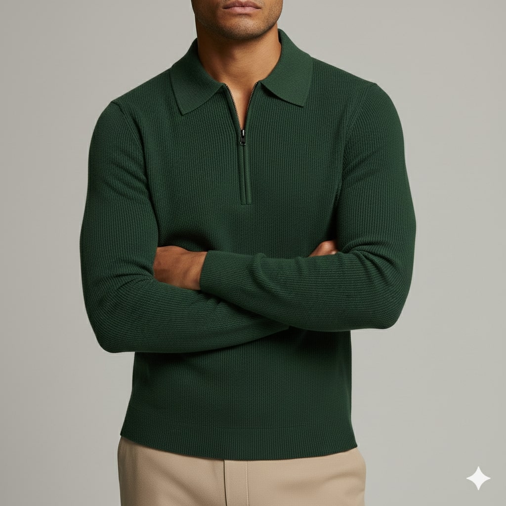 Roderick Men’s Knit Sweater – Waffle Texture Quarter-Zip Polo Shirt