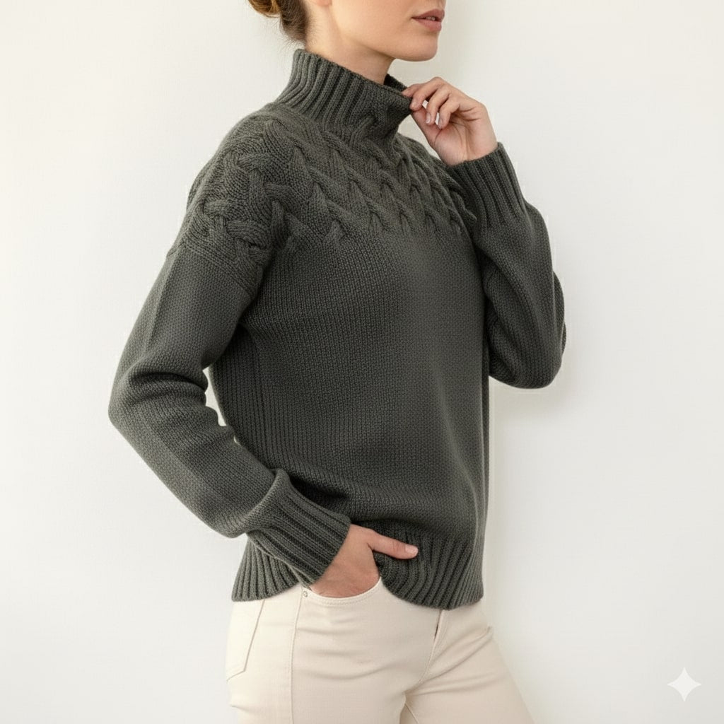 Marie Women’s Knit Jumper – Textured Soft High-Neck Pullover for Autumn