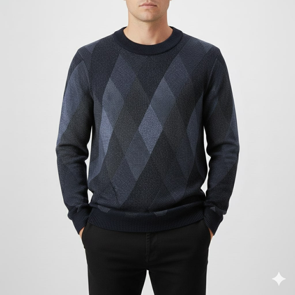 Esteban Men’s Knit Sweater – Wool-Blend Argyle Crewneck Jumper