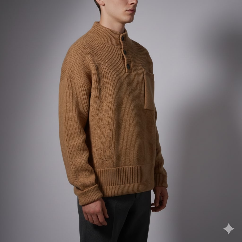 Julian Men’s Cable Knit Pullover – Soft O-Neck Sweater with Button Detail