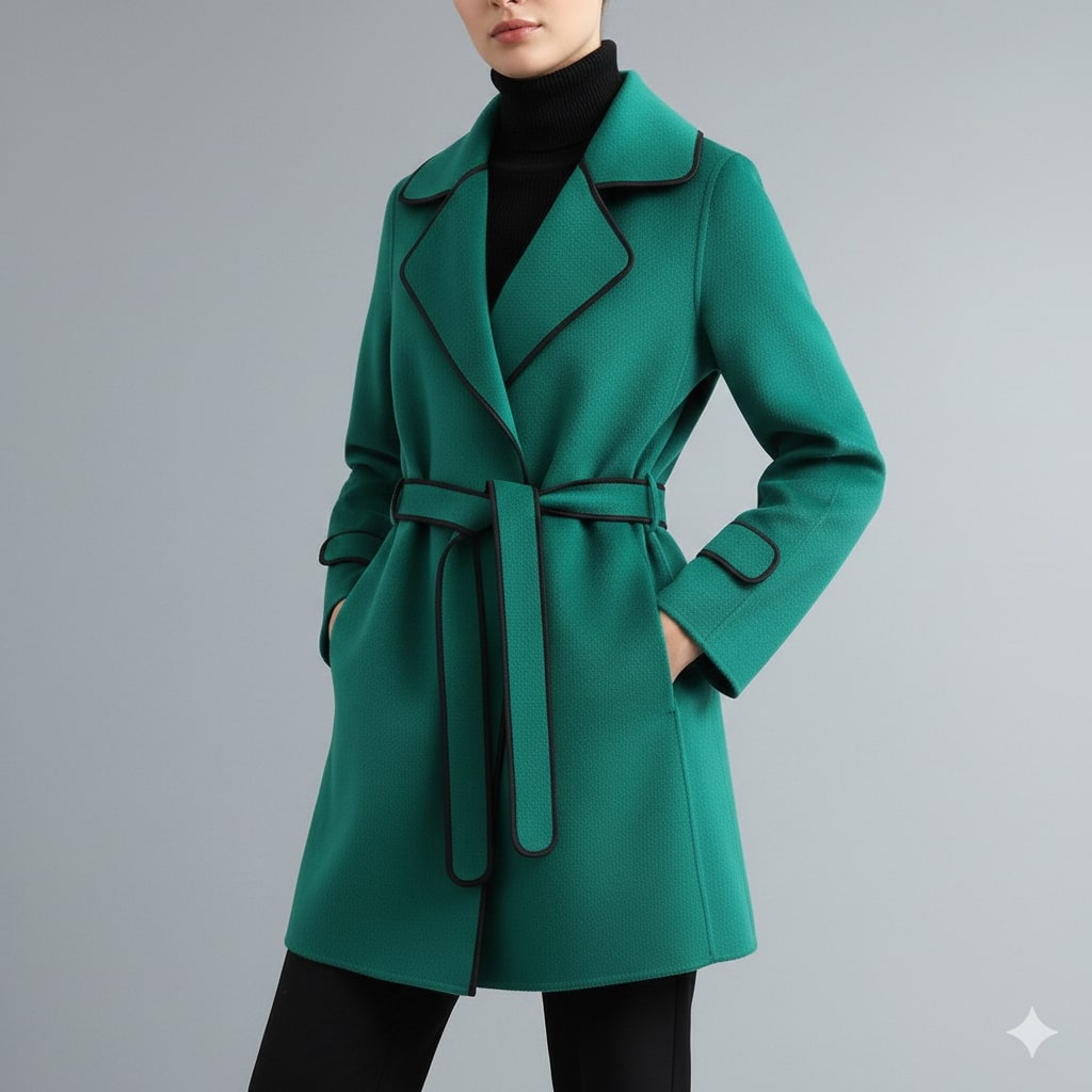 Sabrina Women’s Wool Coat – Belted Coat with Contrast Trim & Warm Interior