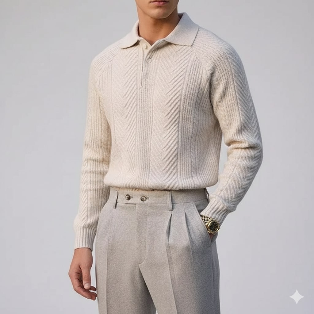 Darwin Men’s Knit Polo Sweater – Wool-Blend Cable Knit Pullover with Tailored Modern Fit