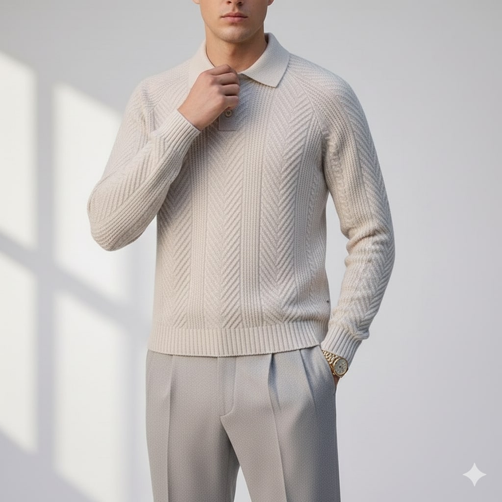 Darwin Men’s Knit Polo Sweater – Wool-Blend Cable Knit Pullover with Tailored Modern Fit