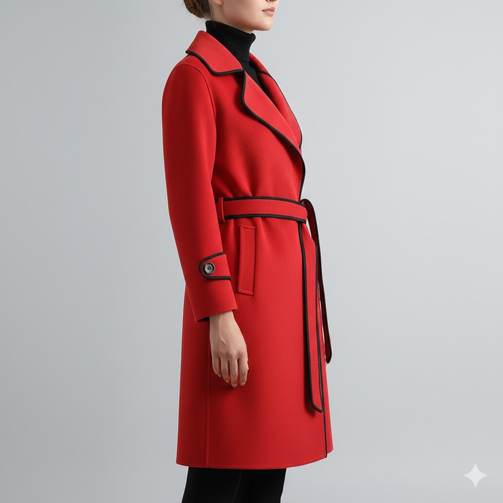 Sabrina Women’s Wool Coat – Belted Coat with Contrast Trim & Warm Interior