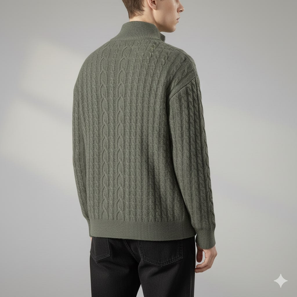 Domingo Men’s Zip-Up Cardigan – Cable Knit Mid-Weight Sweater