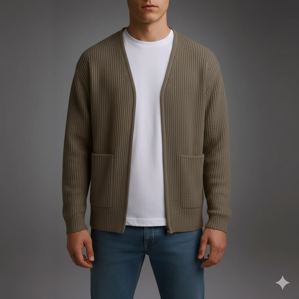 Zoren Men’s Knit Cardigan – Zip Up Sweater with Front Patch Pockets
