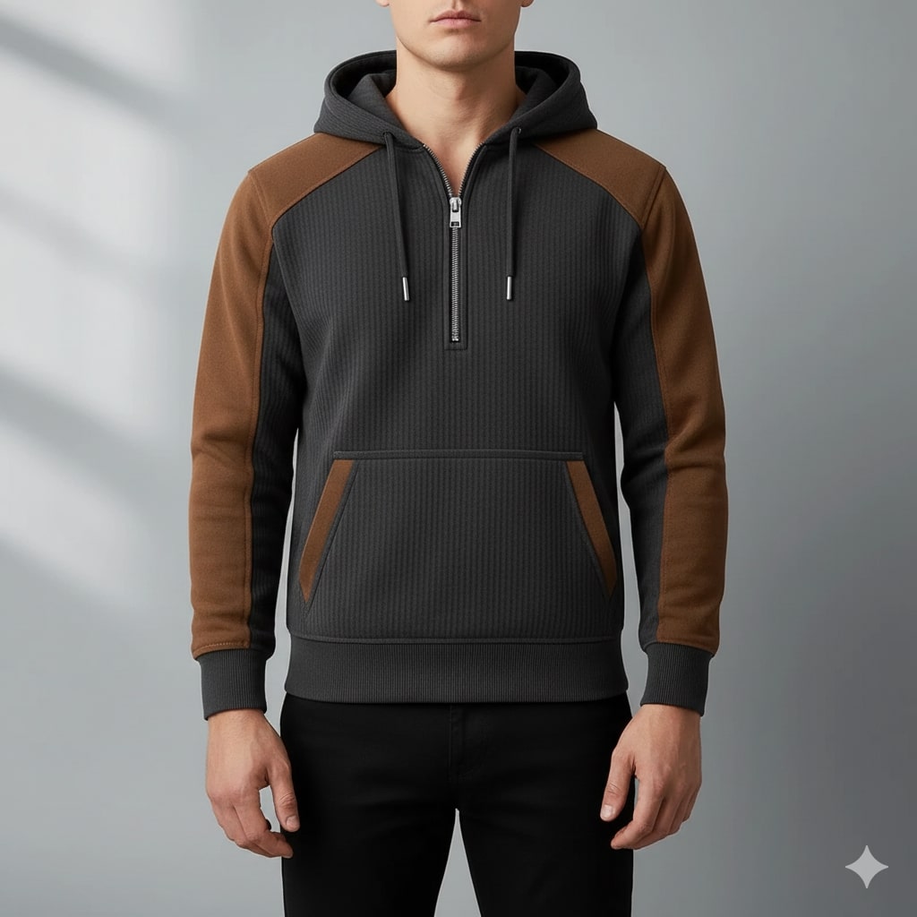 Colton Men’s Quarter-Zip Hoodie – Corduroy Cotton Blend Sweatshirt with Contrast Panels