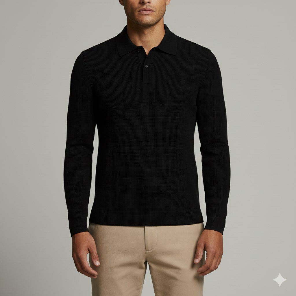 Roderick Men’s Knit Sweater – Waffle Texture Quarter-Zip Polo Shirt