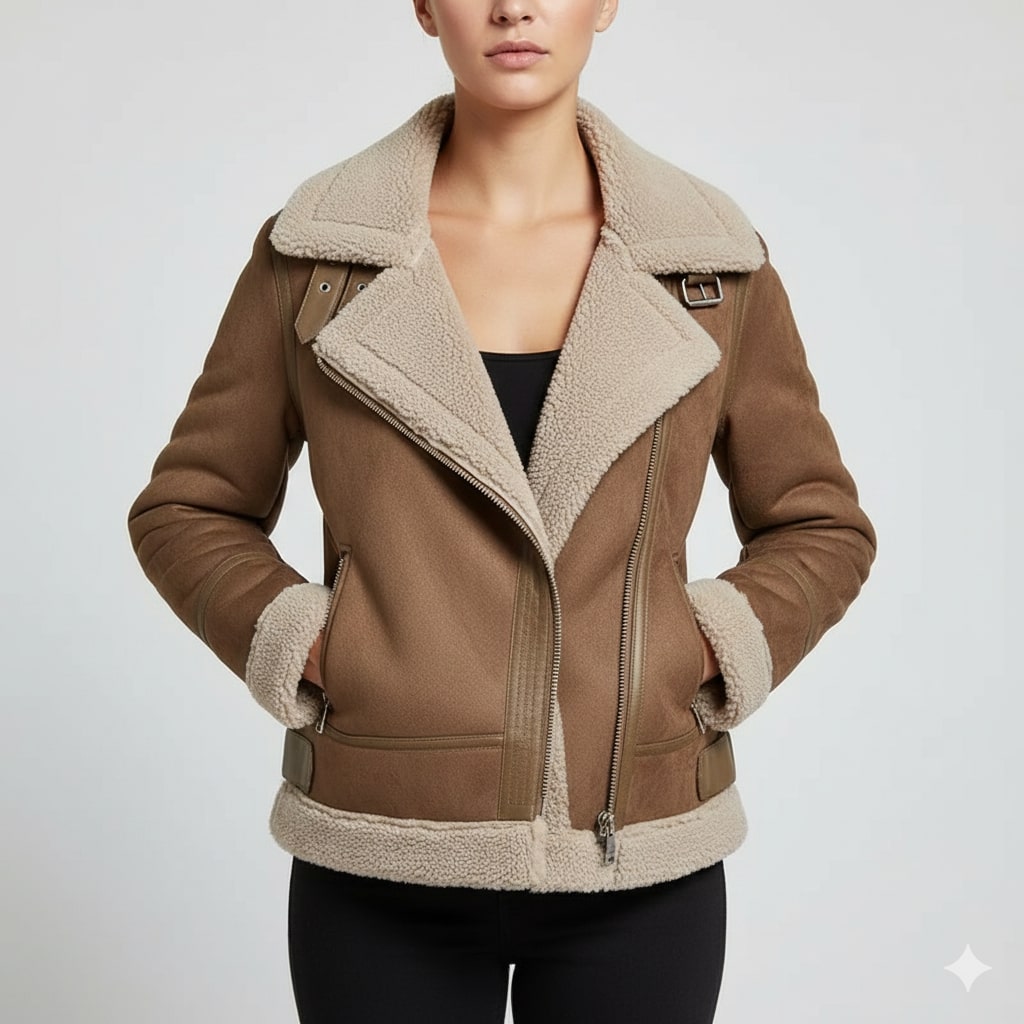 Aubrey Women’s Shearling Jacket – Aviator Suede Jacket with Plush Lining