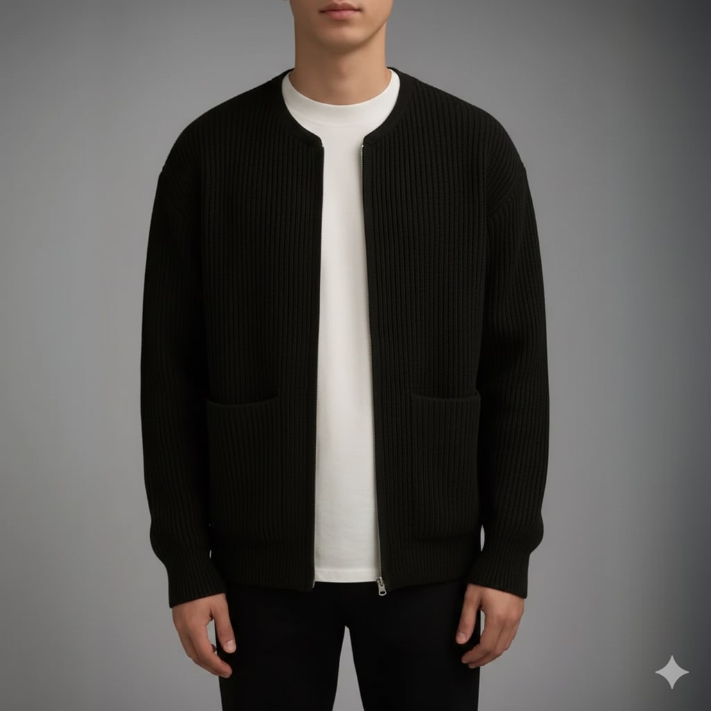 Zoren Men’s Knit Cardigan – Zip Up Sweater with Front Patch Pockets