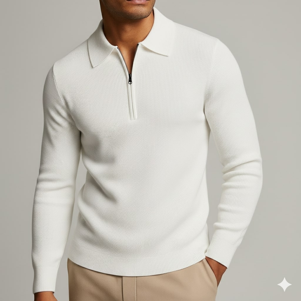 Roderick Men’s Knit Sweater – Waffle Texture Quarter-Zip Polo Shirt