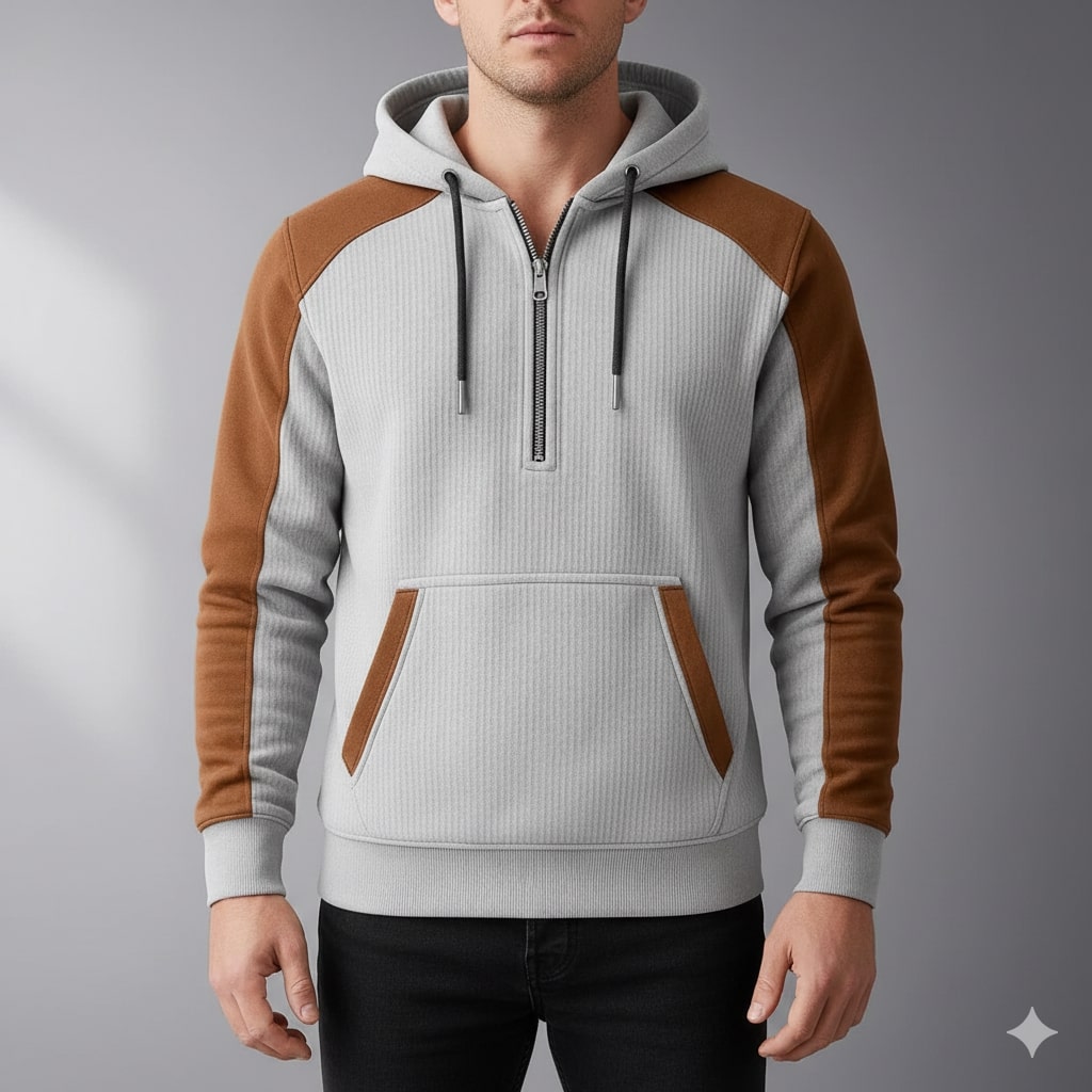 Colton Men’s Quarter-Zip Hoodie – Corduroy Cotton Blend Sweatshirt with Contrast Panels