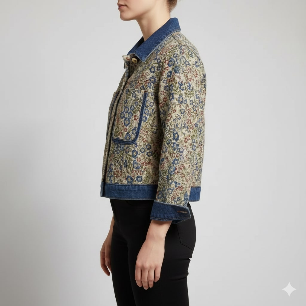 Maribel Women’s Jacquard Denim Jacket – Floral Textured Lightweight Cropped Jacket