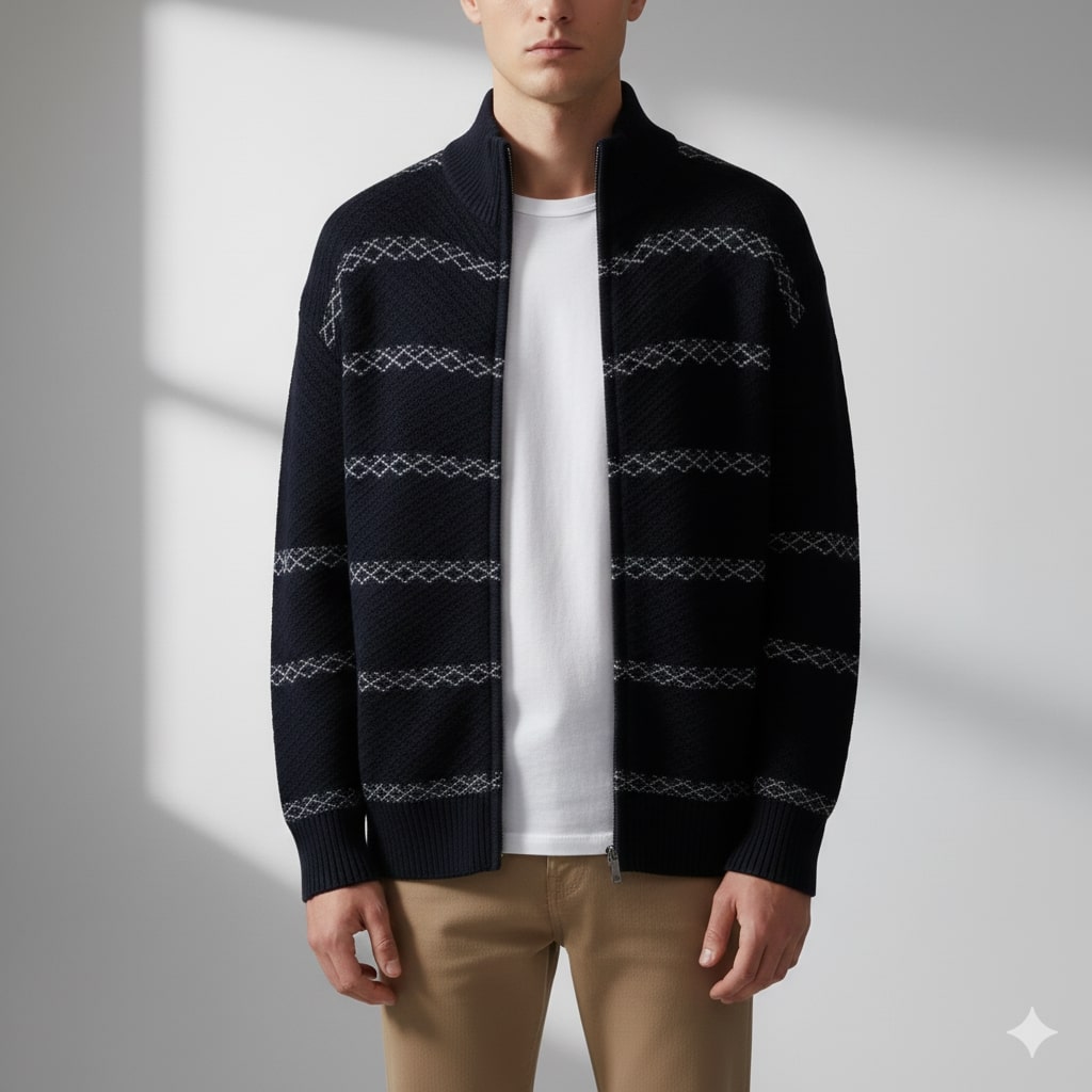 Craig Men’s Zip-Up Cardigan – Textured Knit Sweater with Stand Collar