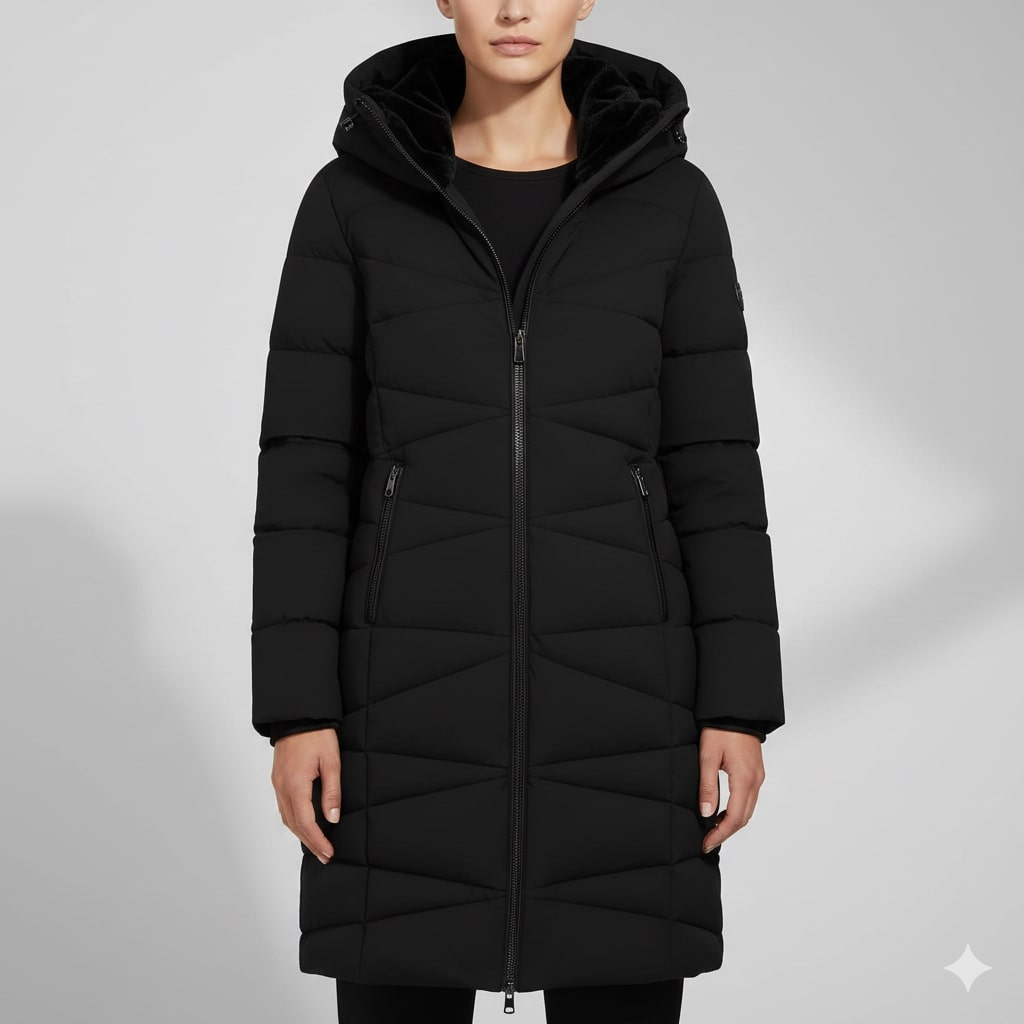 Elana Women’s Long Quilted Coat – Full-Length Warm Winter Jacket with Hood & Plush Lining