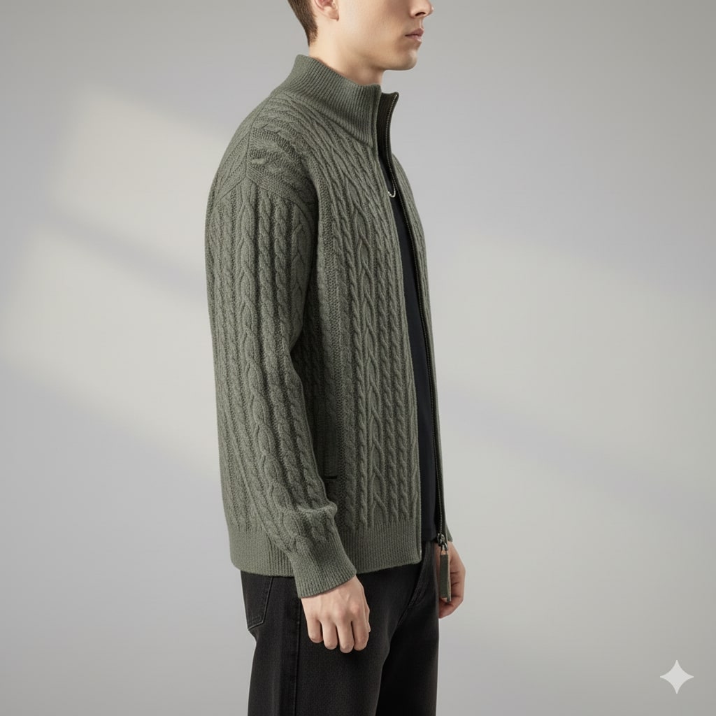 Domingo Men’s Zip-Up Cardigan – Cable Knit Mid-Weight Sweater