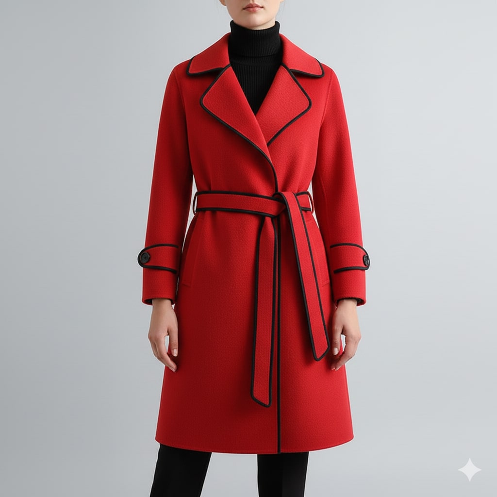Sabrina Women’s Wool Coat – Belted Coat with Contrast Trim & Warm Interior