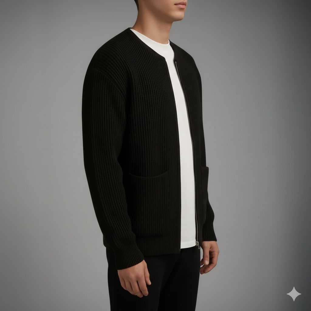 Zoren Men’s Knit Cardigan – Zip Up Sweater with Front Patch Pockets