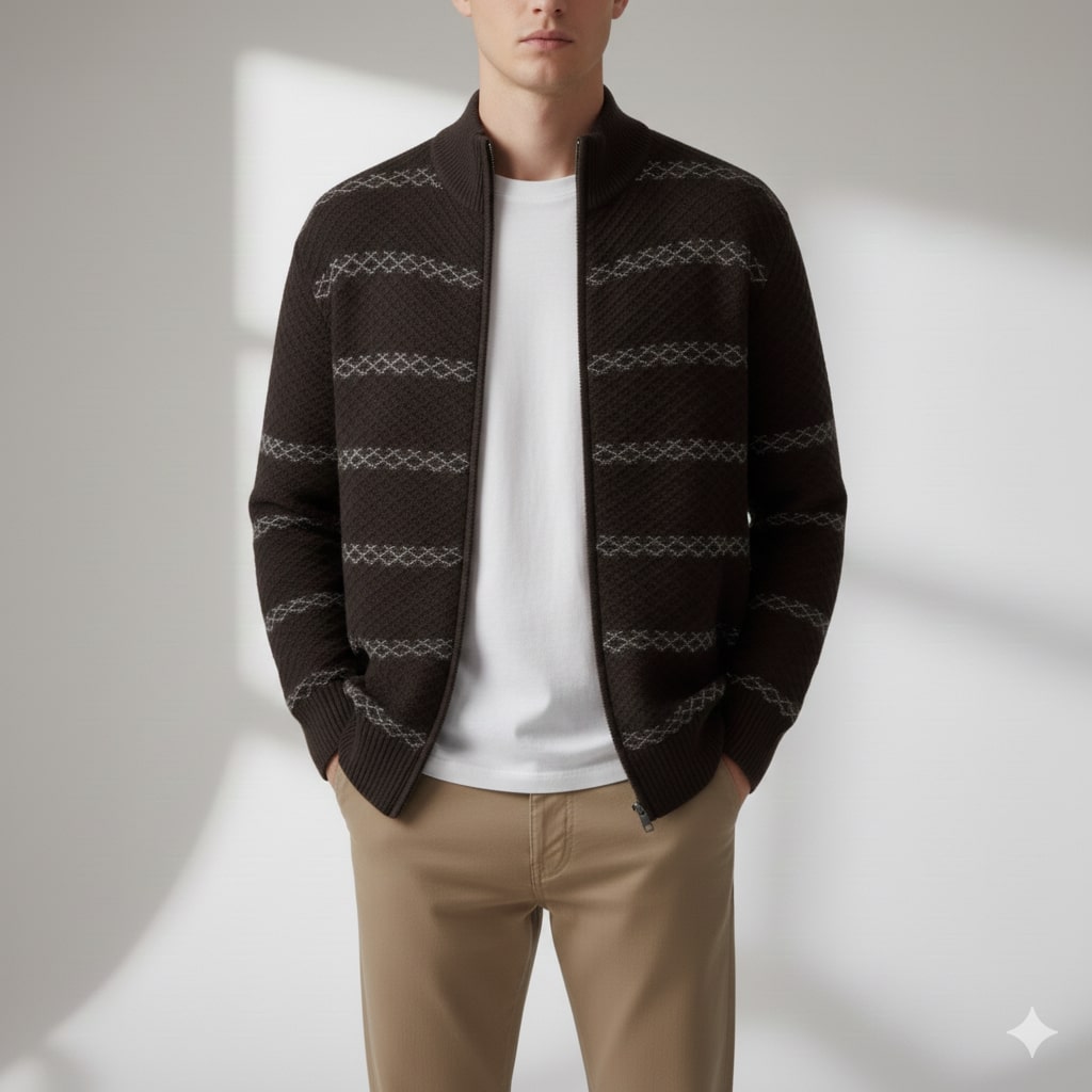 Craig Men’s Zip-Up Cardigan – Textured Knit Sweater with Stand Collar