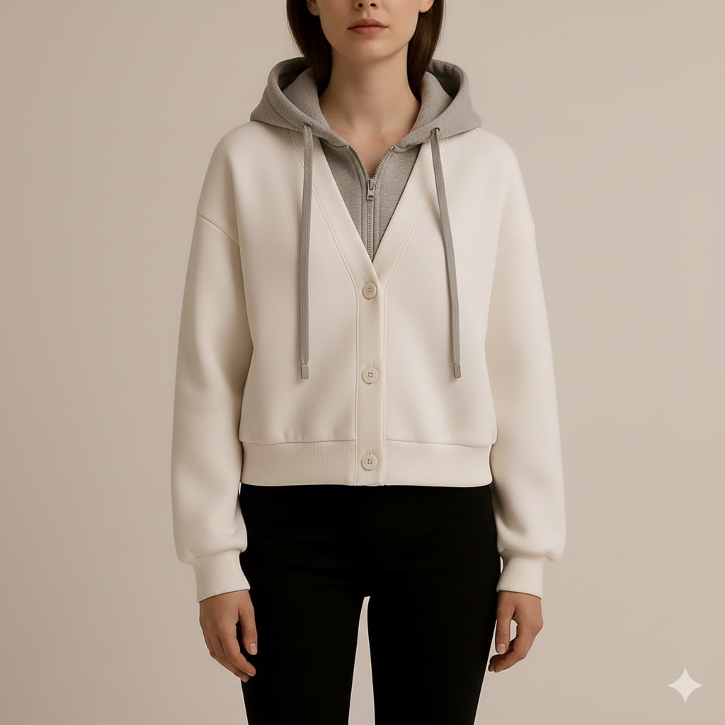 Marissa Women’s Cropped Cardigan – Puff Sleeve Zip-Up Knitted Hooded Cardigan