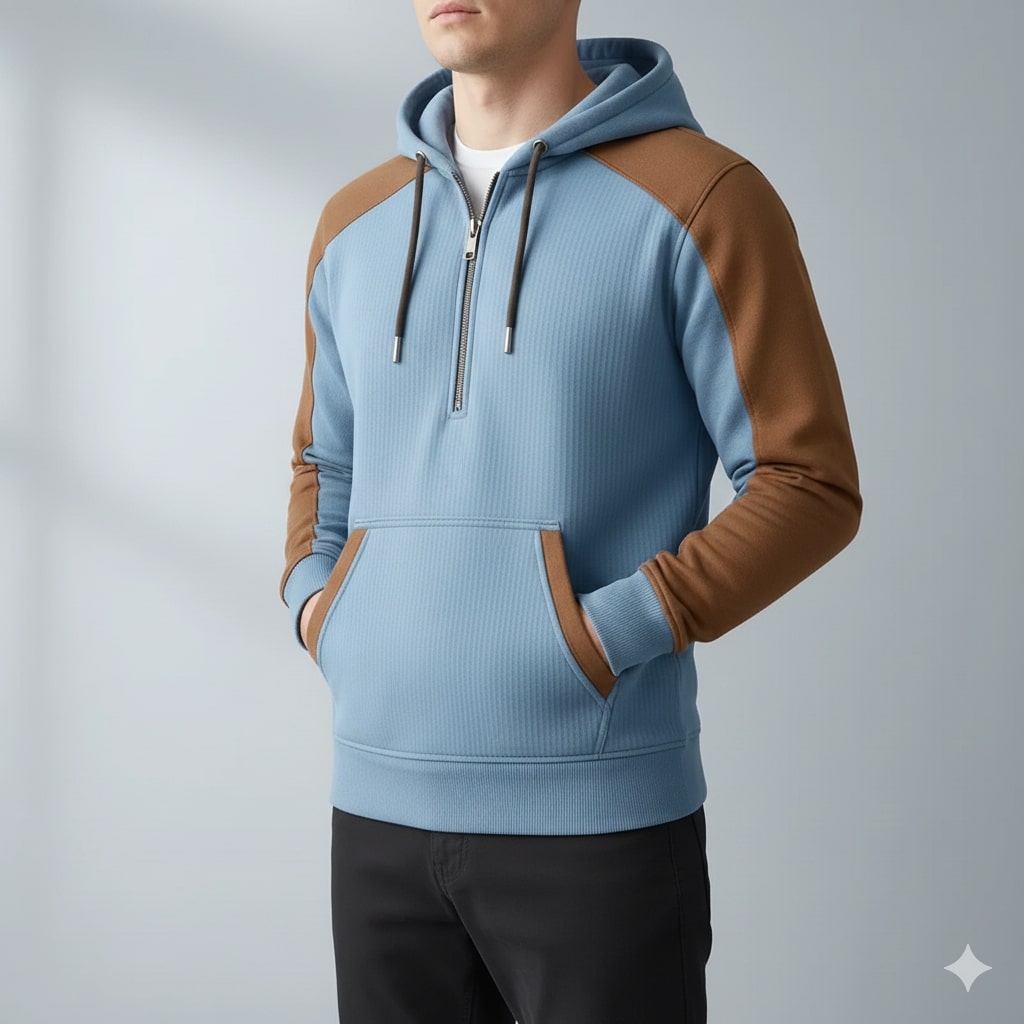 Colton Men’s Quarter-Zip Hoodie – Corduroy Cotton Blend Sweatshirt with Contrast Panels