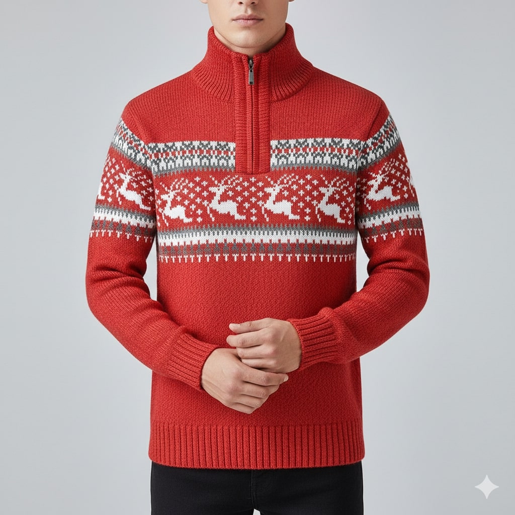 Aldrey Men's Christmas Sweater – Wool Knit Quarter-Zip Pullover